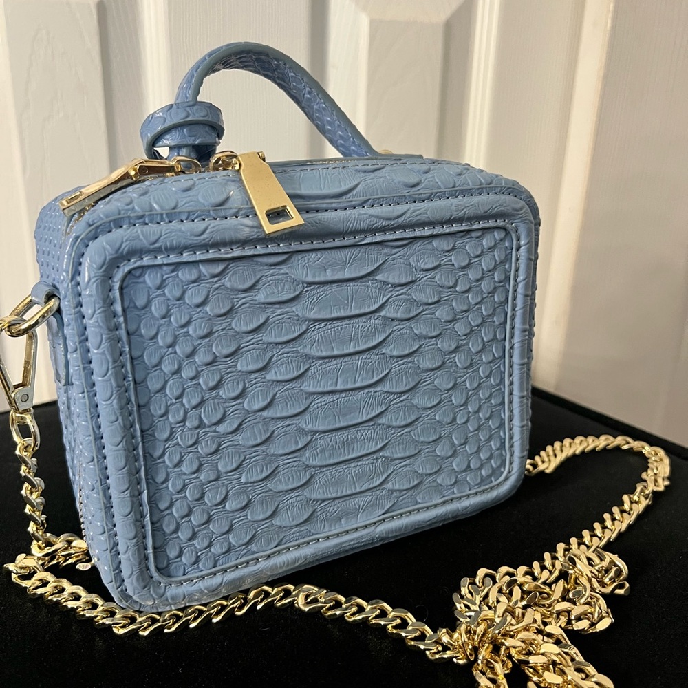 Baby Blue Croc Embossed Mini Box Bag with Gold Chain – Elegant & Chic